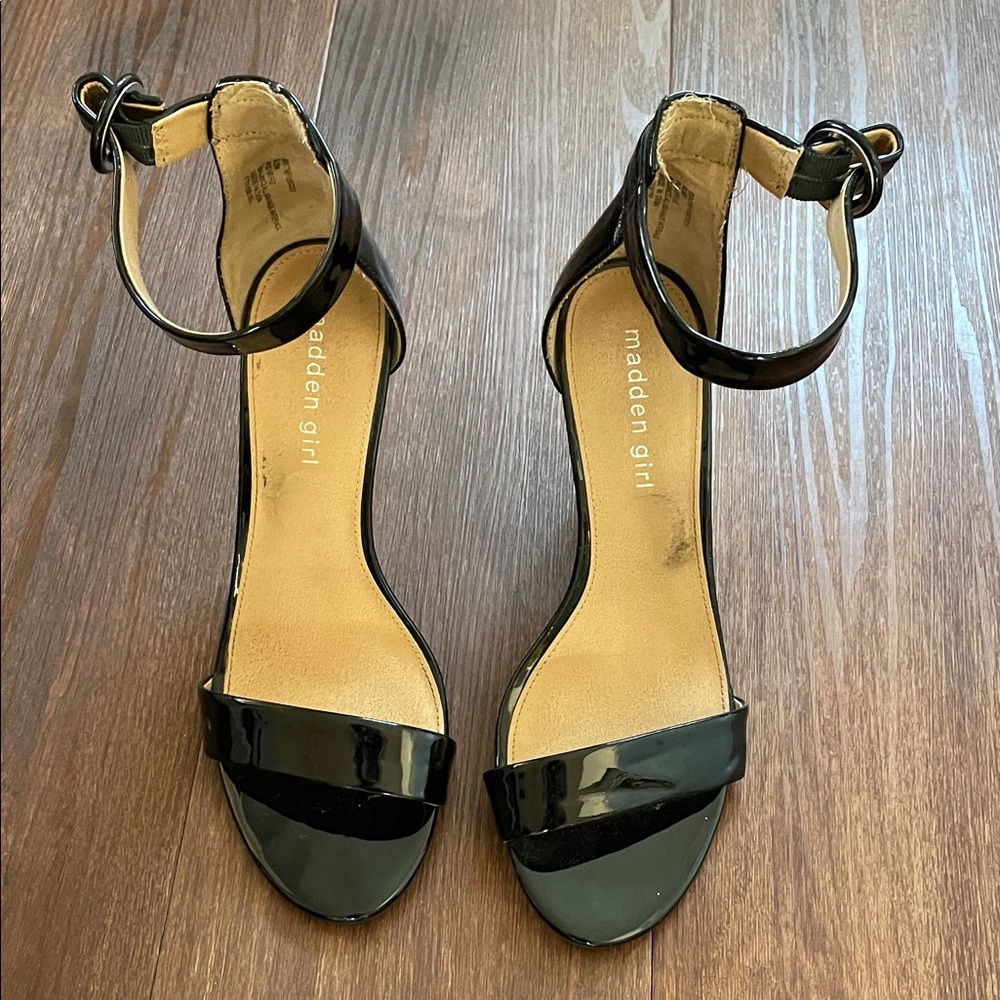 Madden Girl Britney Glossy Black Ankle Strap Stiletto Heels